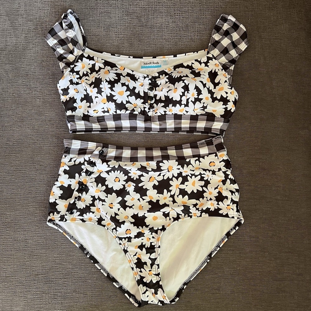 ModCloth Daisies Floral High-Waisted Pinup Girl Bikini Swim Set Medium Retro